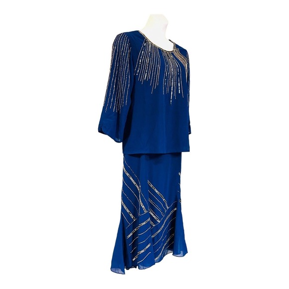 Midnight Velvet Beaded Cobalt Cocktail Formal Dinner Party Midi Skirt Set Suit - Picture 3 of 16